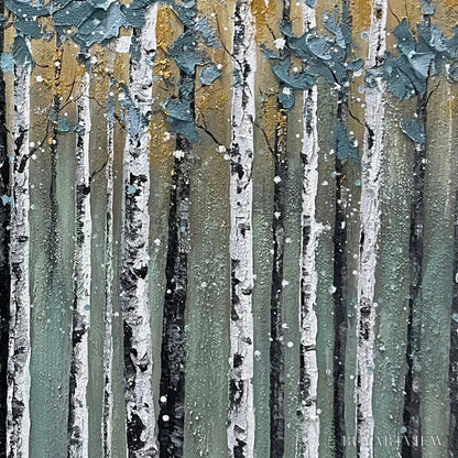 BUYARTVIEW Golden Birch Grove – Textured Birch Tree Painting, Gold and Green , Horizontal Canvas, Forest Decor - image 5