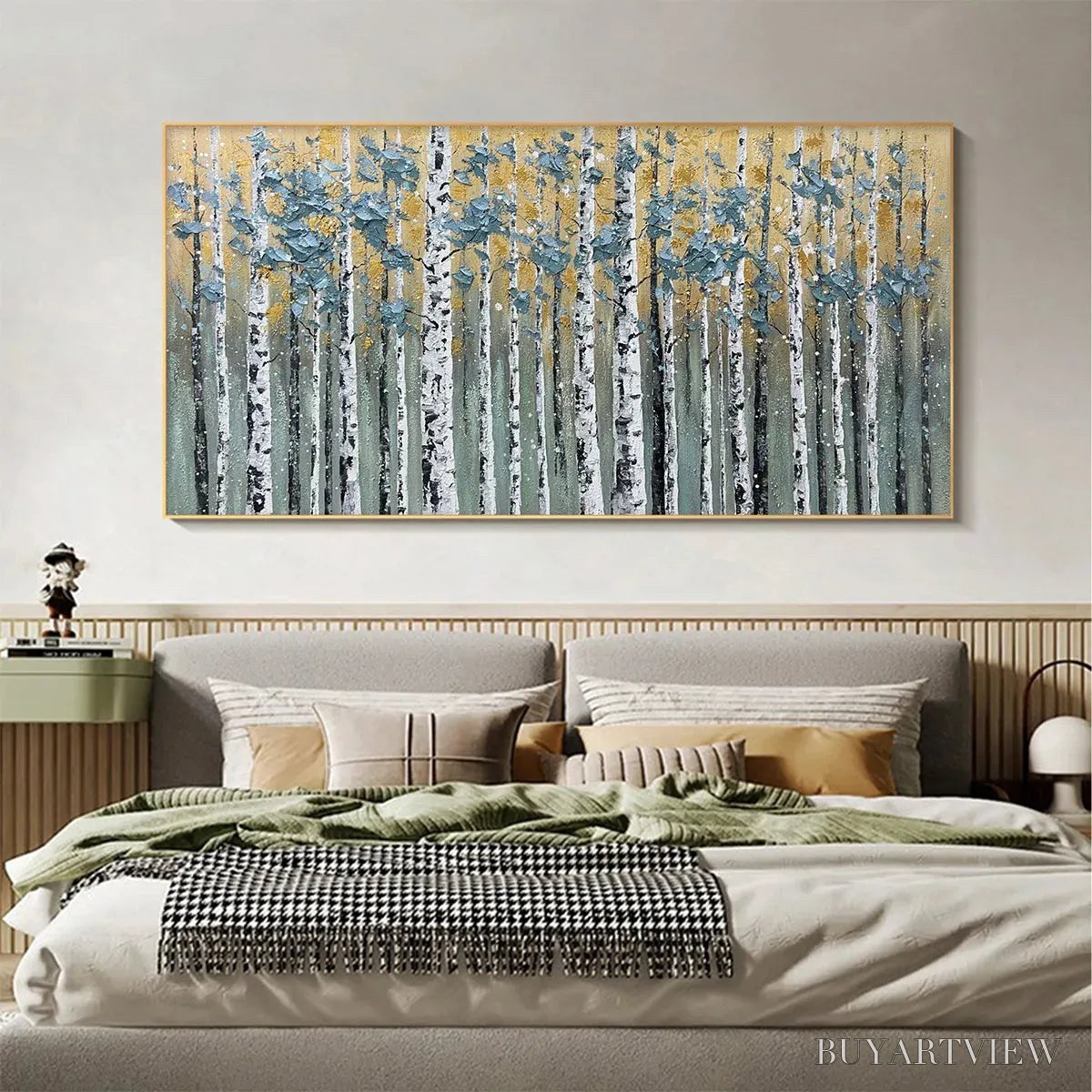 BUYARTVIEW Golden Birch Grove – Textured Birch Tree Painting, Gold and Green , Horizontal Canvas, Forest Decor - image 6