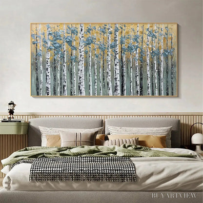 BUYARTVIEW Golden Birch Grove – Textured Birch Tree Painting, Gold and Green , Horizontal Canvas, Forest Decor - image 6