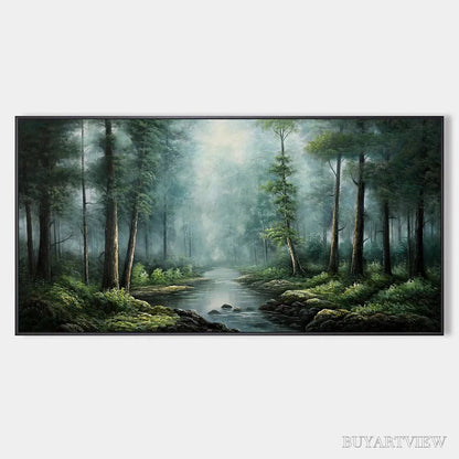 BUYARTVIEW Forest Path – Panoramic Forest Painting with Stream, Misty Landscape, Canvas - image 1