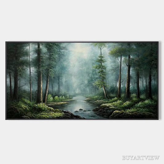 BUYARTVIEW Forest Path – Panoramic Forest Painting with Stream, Misty Landscape, Canvas - image 1