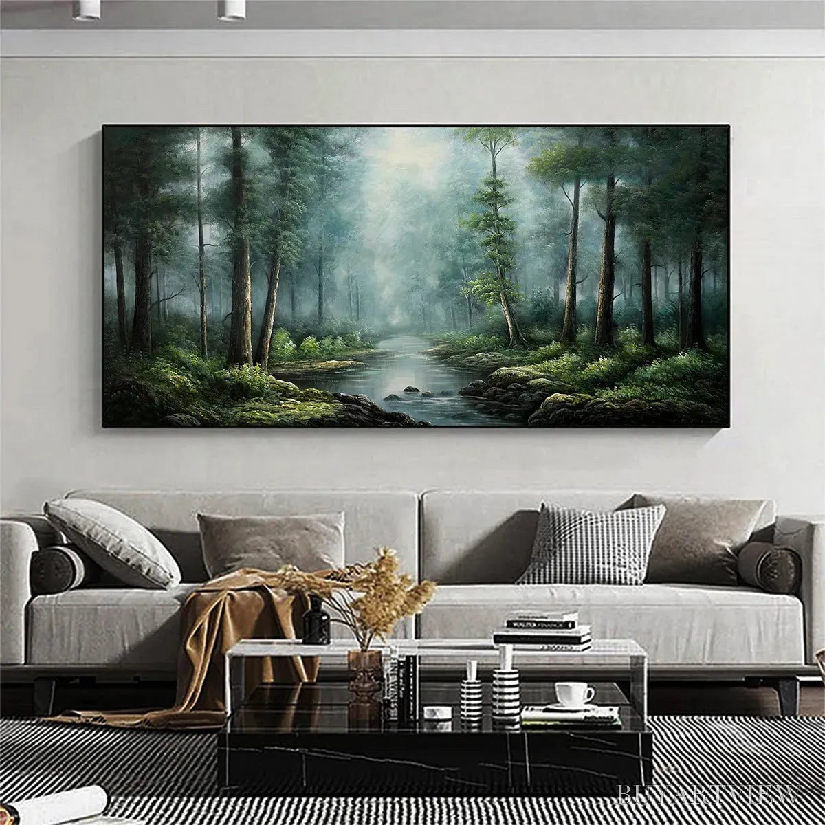 BUYARTVIEW Forest Path – Panoramic Forest Painting with Stream, Misty Landscape, Canvas - image 2