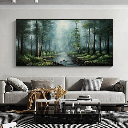 BUYARTVIEW Forest Path – Panoramic Forest Painting with Stream, Misty Landscape, Canvas - image 2