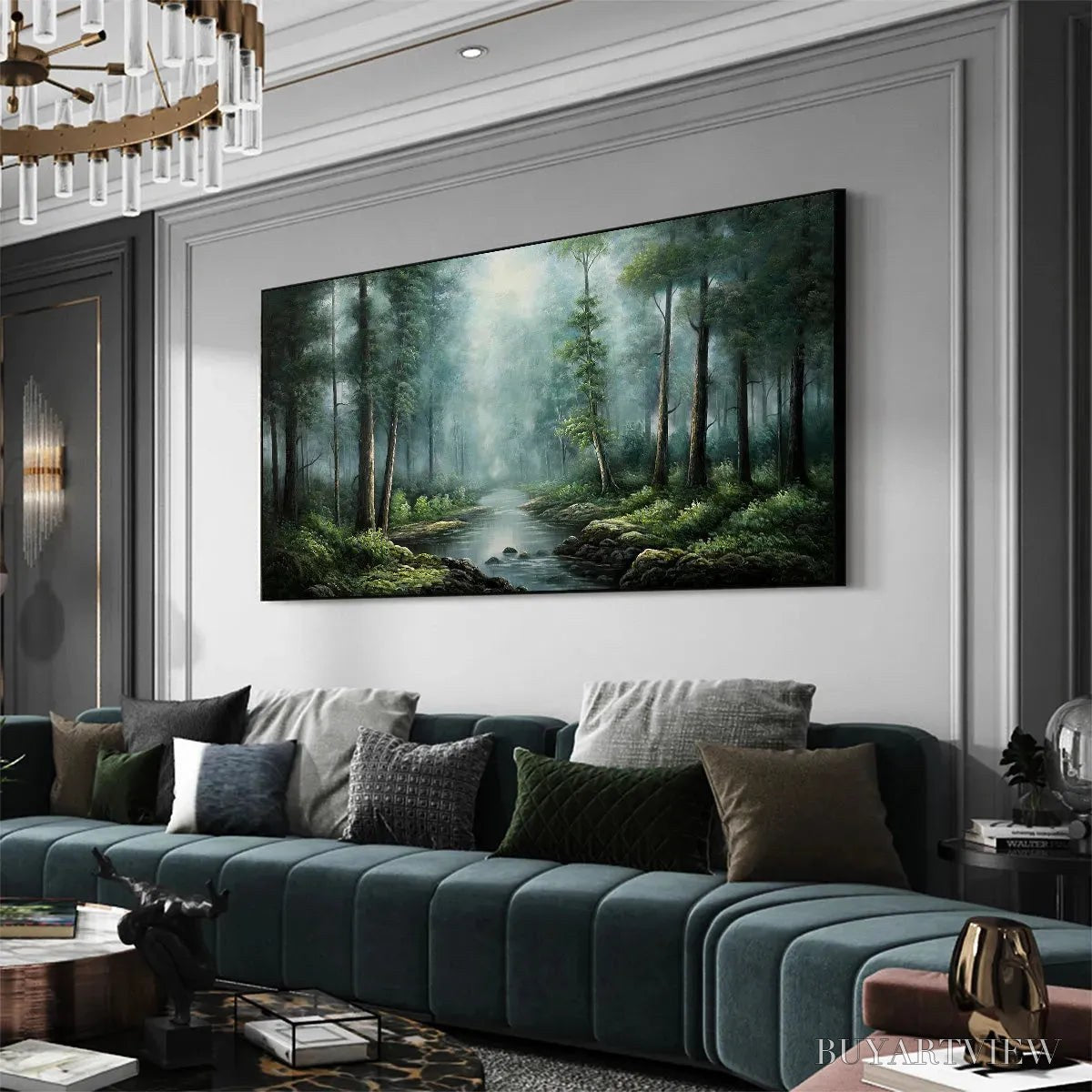 BUYARTVIEW Forest Path – Panoramic Forest Painting with Stream, Misty Landscape, Canvas - image 4