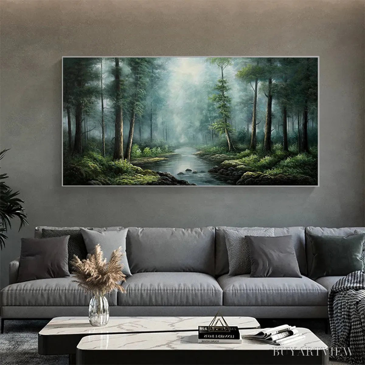 BUYARTVIEW Forest Path – Panoramic Forest Painting with Stream, Misty Landscape, Canvas - image 5