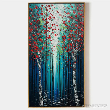 BUYARTVIEW Crimson Forest – Vertical Textured Impasto Painting of a Forest with Red Accents, Modern , Blue, Green and Red - image 1