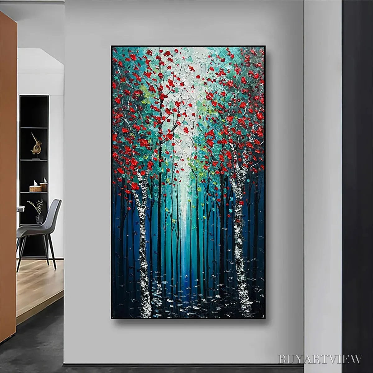 BUYARTVIEW Crimson Forest – Vertical Textured Impasto Painting of a Forest with Red Accents, Modern , Blue, Green and Red - image 2