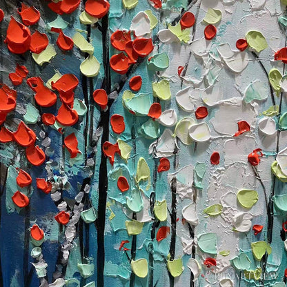 BUYARTVIEW Crimson Forest – Vertical Textured Impasto Painting of a Forest with Red Accents, Modern , Blue, Green and Red - image 3
