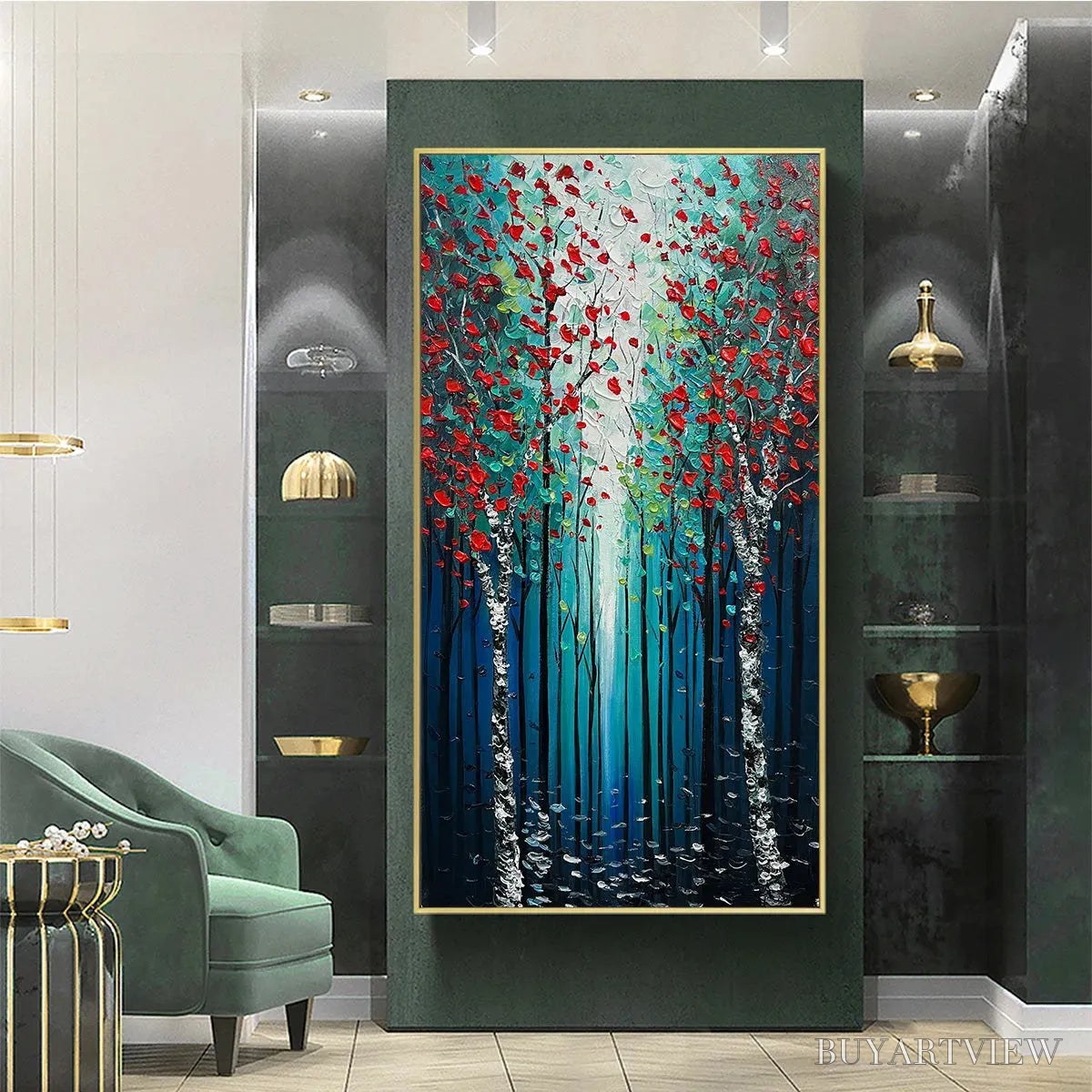 BUYARTVIEW Crimson Forest – Vertical Textured Impasto Painting of a Forest with Red Accents, Modern , Blue, Green and Red - image 4