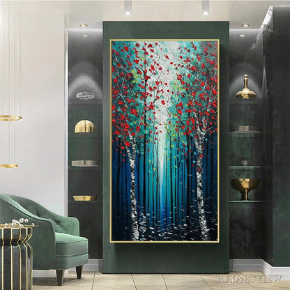 BUYARTVIEW Crimson Forest – Vertical Textured Impasto Painting of a Forest with Red Accents, Modern , Blue, Green and Red - image 4