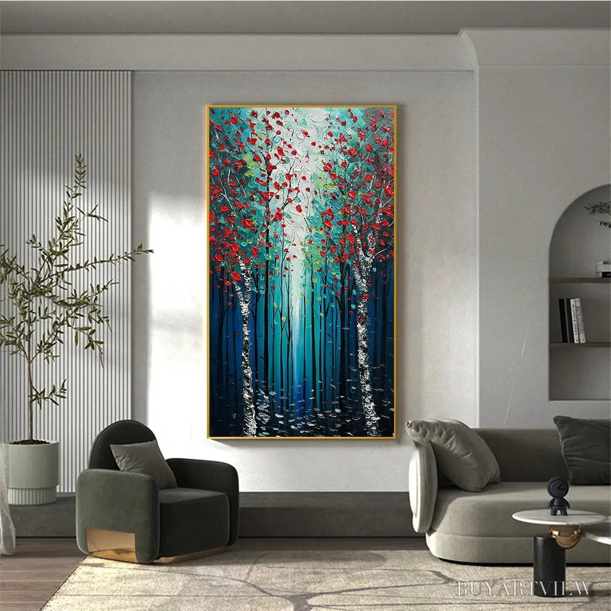 BUYARTVIEW Crimson Forest – Vertical Textured Impasto Painting of a Forest with Red Accents, Modern , Blue, Green and Red - image 5