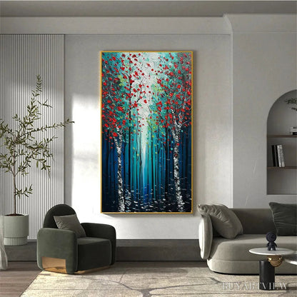 BUYARTVIEW Crimson Forest – Vertical Textured Impasto Painting of a Forest with Red Accents, Modern , Blue, Green and Red - image 5