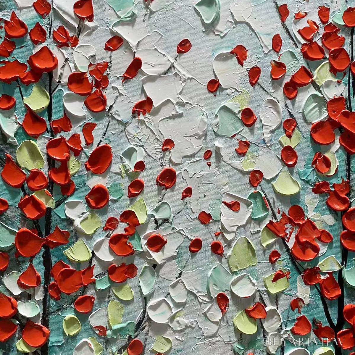 BUYARTVIEW Crimson Forest – Vertical Textured Impasto Painting of a Forest with Red Accents, Modern , Blue, Green and Red - image 6