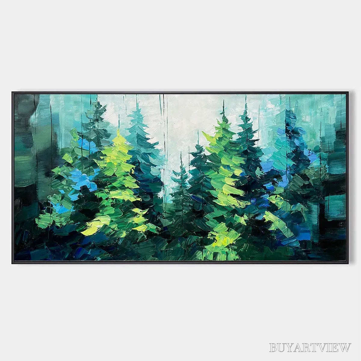 BUYARTVIEW Emerald Forest – Panoramic Landscape Painting of an Evergreen Forest, Textured Impasto, Modern , Green - image 1