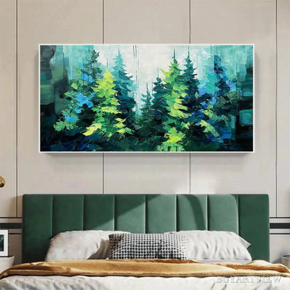 BUYARTVIEW Emerald Forest – Panoramic Landscape Painting of an Evergreen Forest, Textured Impasto, Modern , Green - image 4