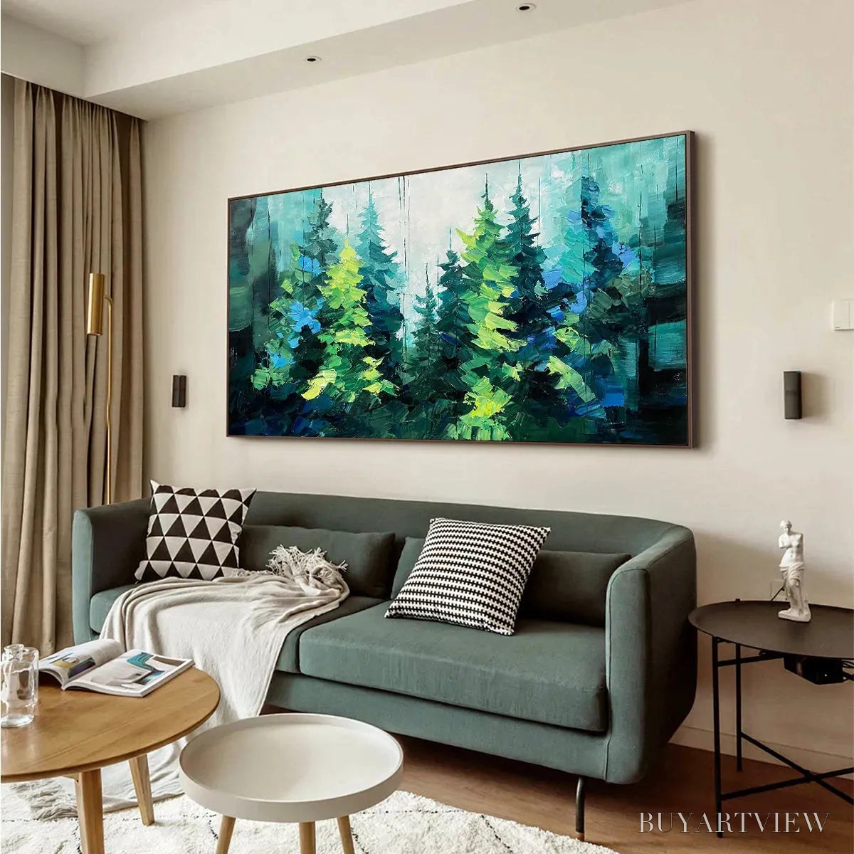 BUYARTVIEW Emerald Forest – Panoramic Landscape Painting of an Evergreen Forest, Textured Impasto, Modern , Green - image 5