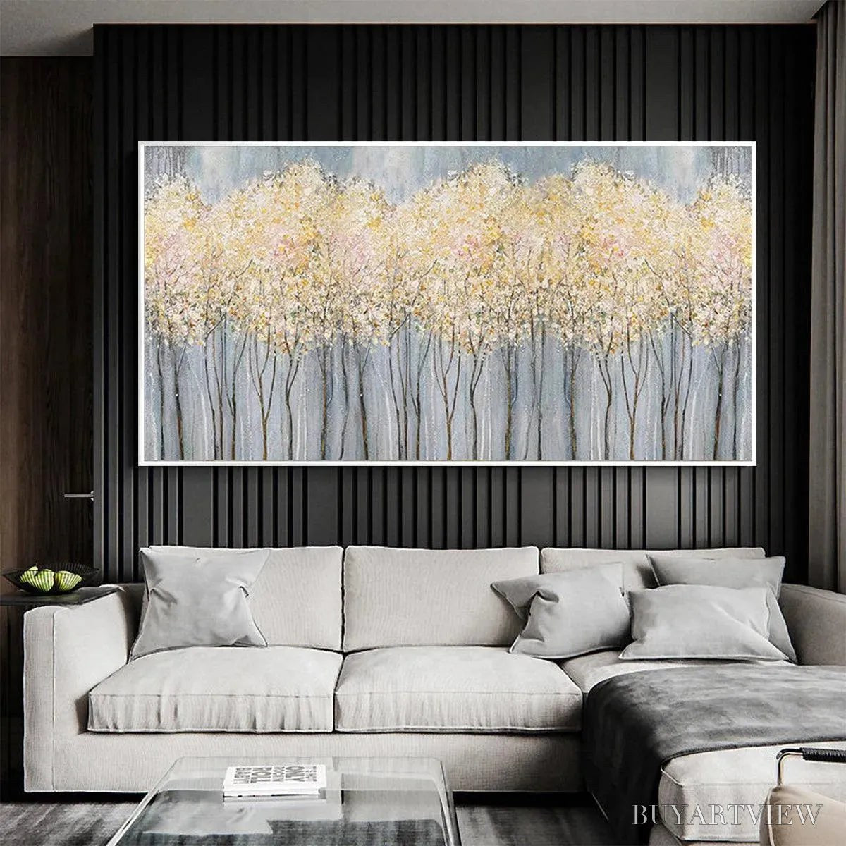 BUYARTVIEW Golden Haze – Panoramic Landscape Painting, Textured Trees - image 3