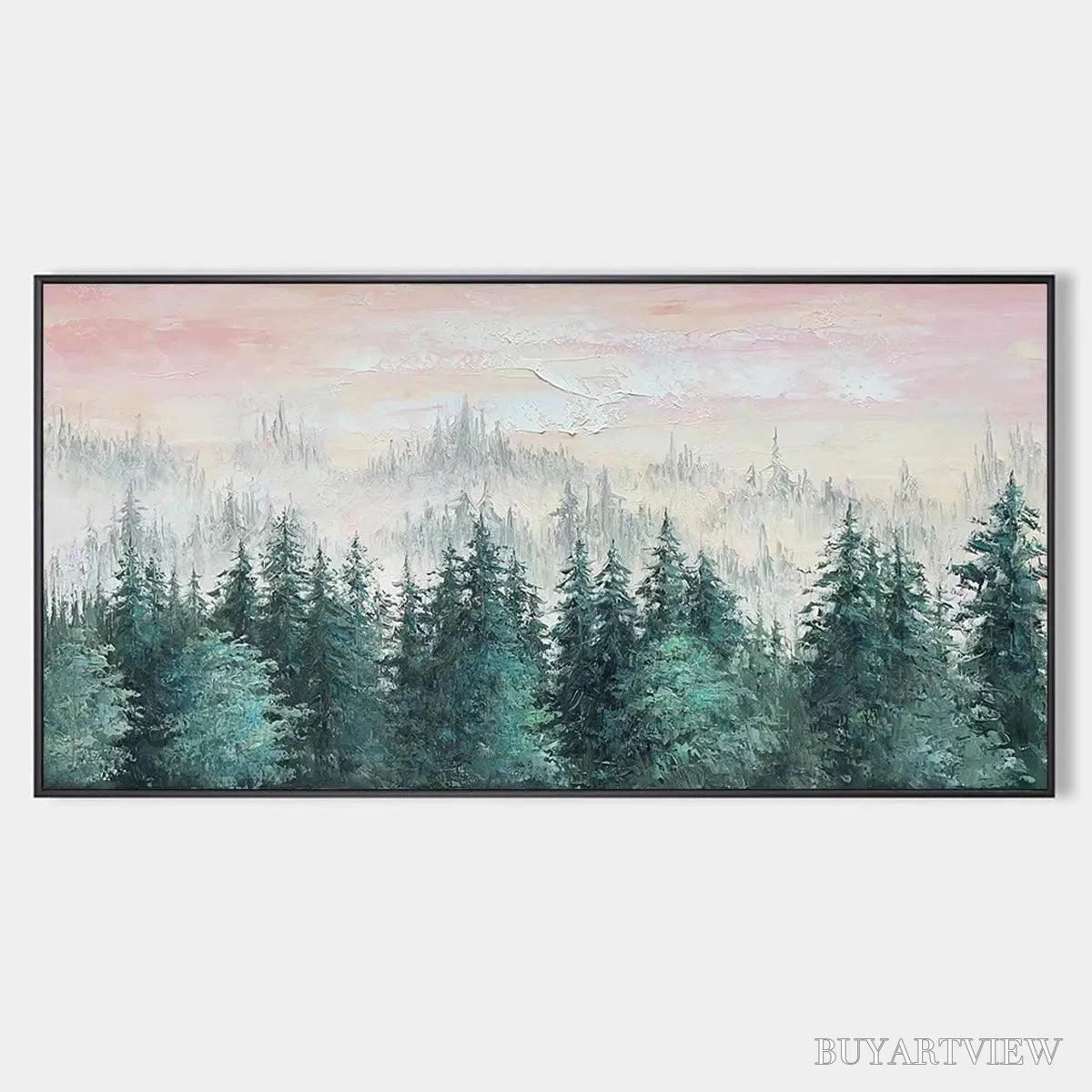 BUYARTVIEW Misty Pines – Panoramic Forest Landscape Painting, Misty Trees, Green - image 1