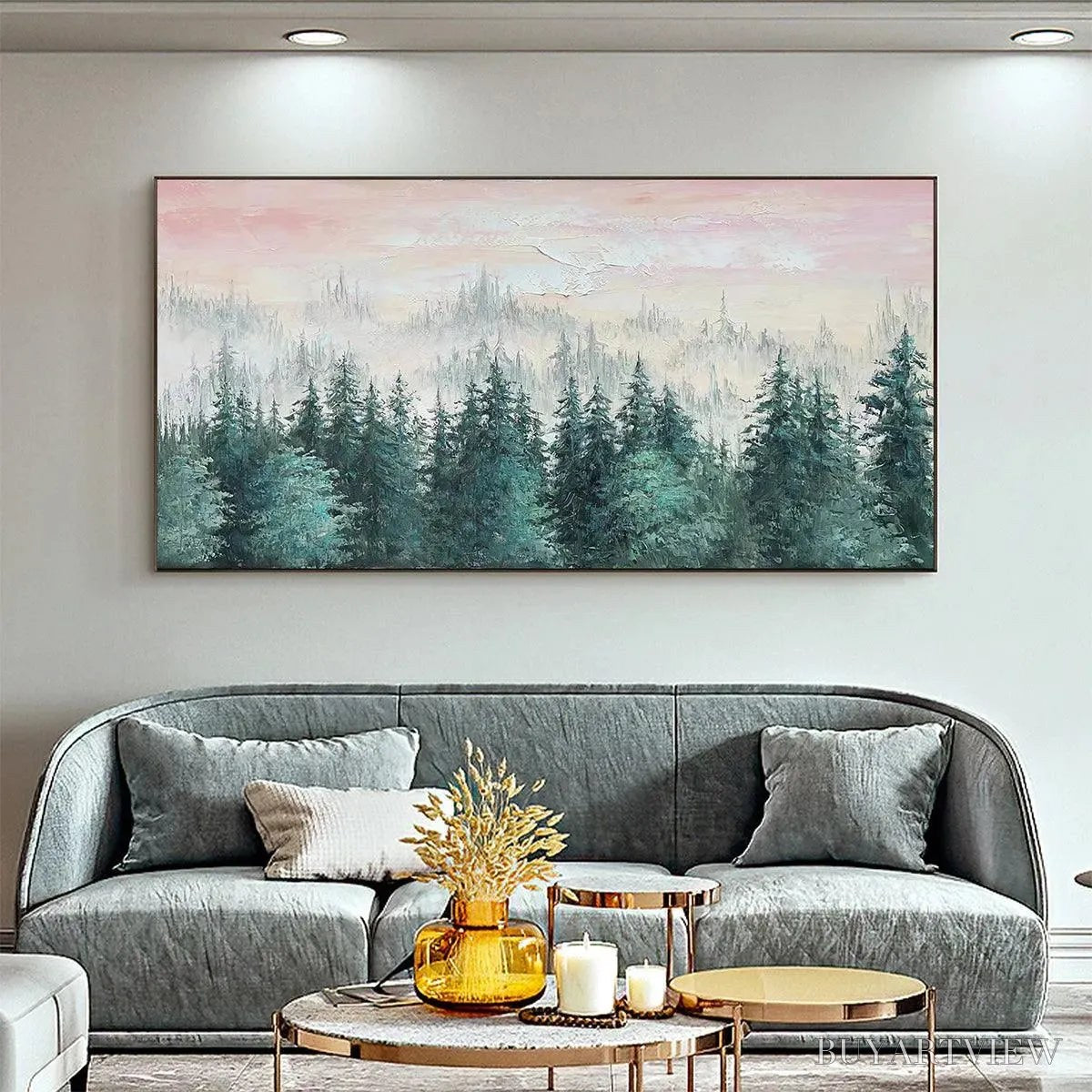 BUYARTVIEW Misty Pines – Panoramic Forest Landscape Painting, Misty Trees, Green - image 4