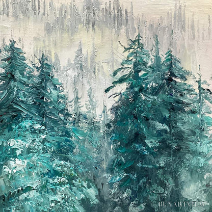 BUYARTVIEW Misty Pines – Panoramic Forest Landscape Painting, Misty Trees, Green - image 5