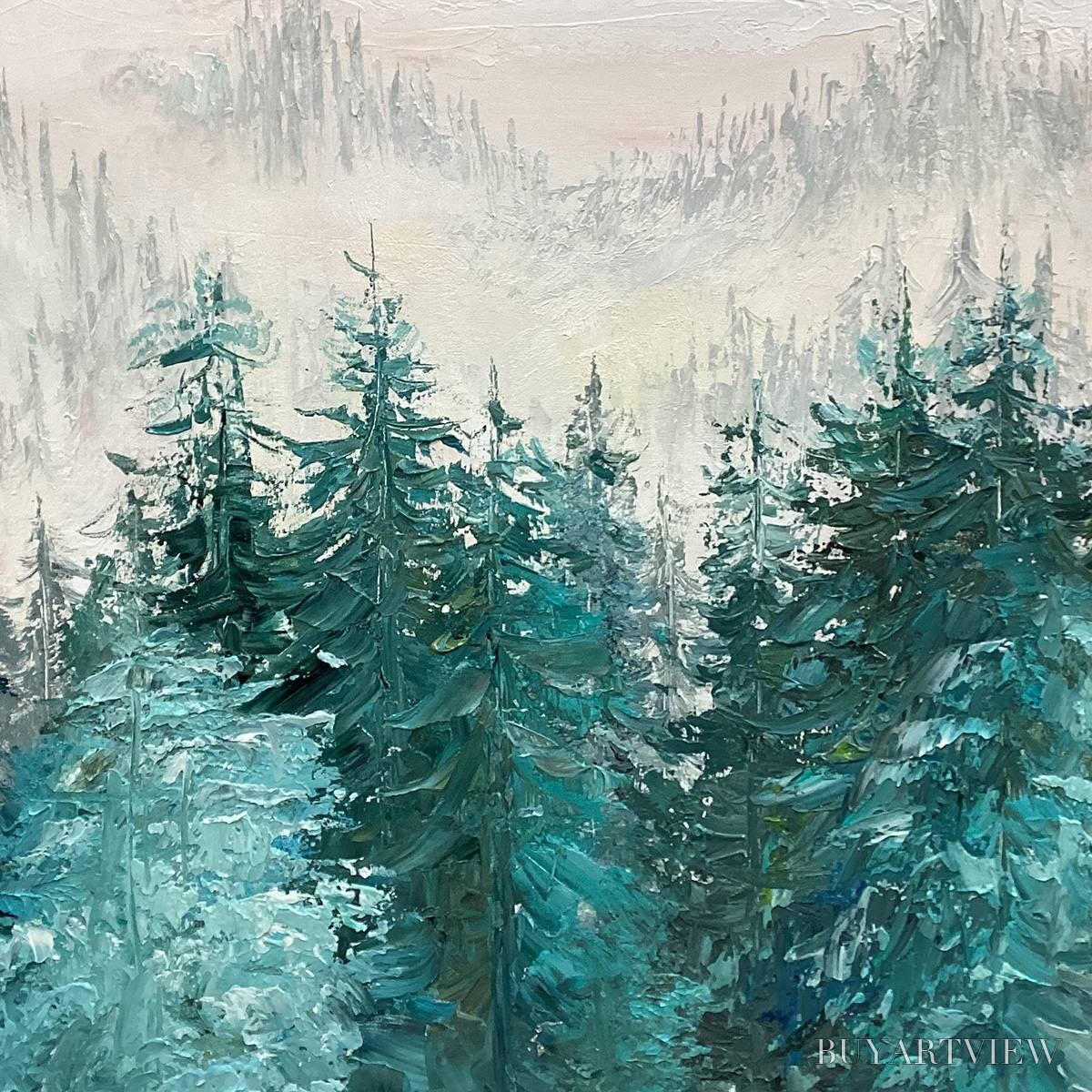 BUYARTVIEW Misty Pines – Panoramic Forest Landscape Painting, Misty Trees, Green - image 6