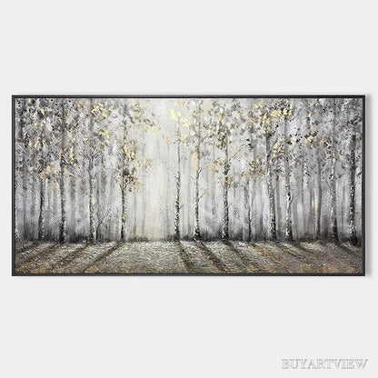BUYARTVIEW Golden Birchwood – Panoramic Birch Forest Landscape Oil Painting with Gold Accents - image 1