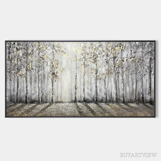 BUYARTVIEW Golden Birchwood – Panoramic Birch Forest Landscape Oil Painting with Gold Accents - image 1