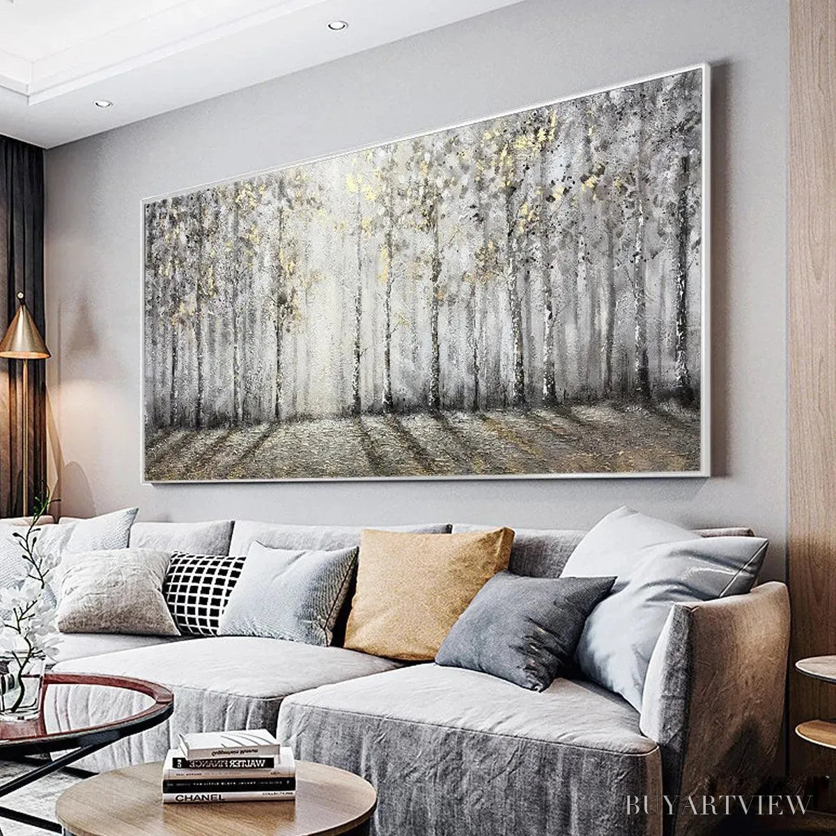 BUYARTVIEW Golden Birchwood – Panoramic Birch Forest Landscape Oil Painting with Gold Accents - image 2