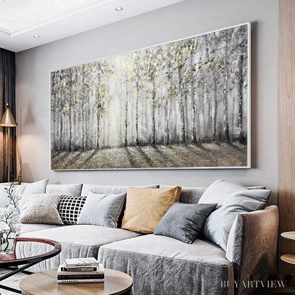 BUYARTVIEW Golden Birchwood – Panoramic Birch Forest Landscape Oil Painting with Gold Accents - image 2