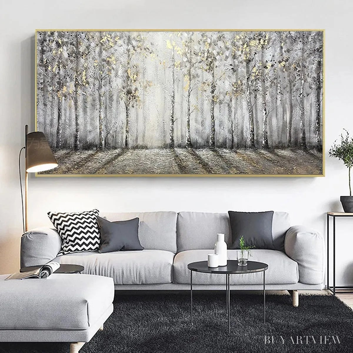 BUYARTVIEW Golden Birchwood – Panoramic Birch Forest Landscape Oil Painting with Gold Accents - image 5
