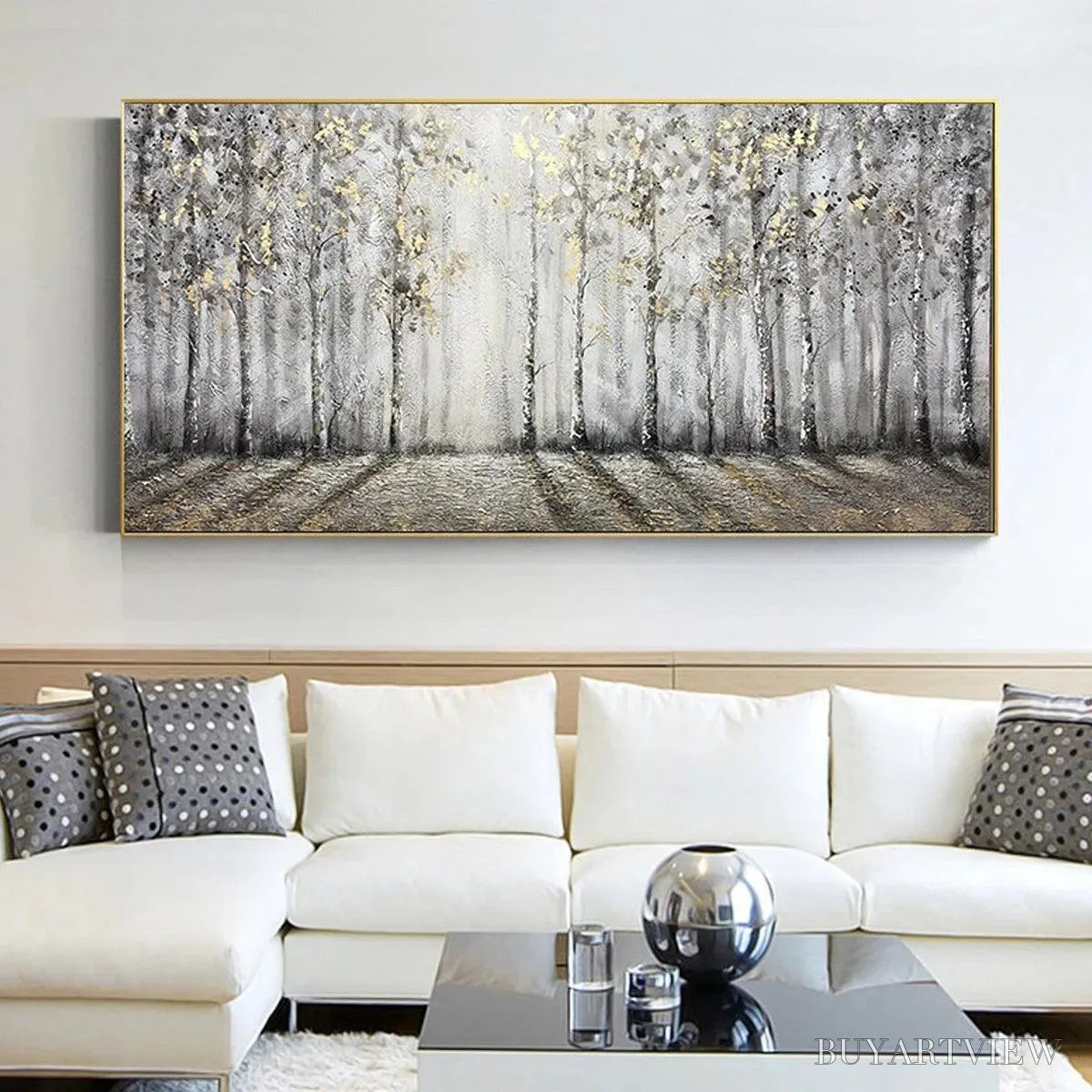 BUYARTVIEW Golden Birchwood – Panoramic Birch Forest Landscape Oil Painting with Gold Accents - image 6