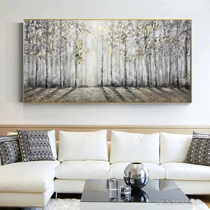 BUYARTVIEW Golden Birchwood – Panoramic Birch Forest Landscape Oil Painting with Gold Accents - image 6