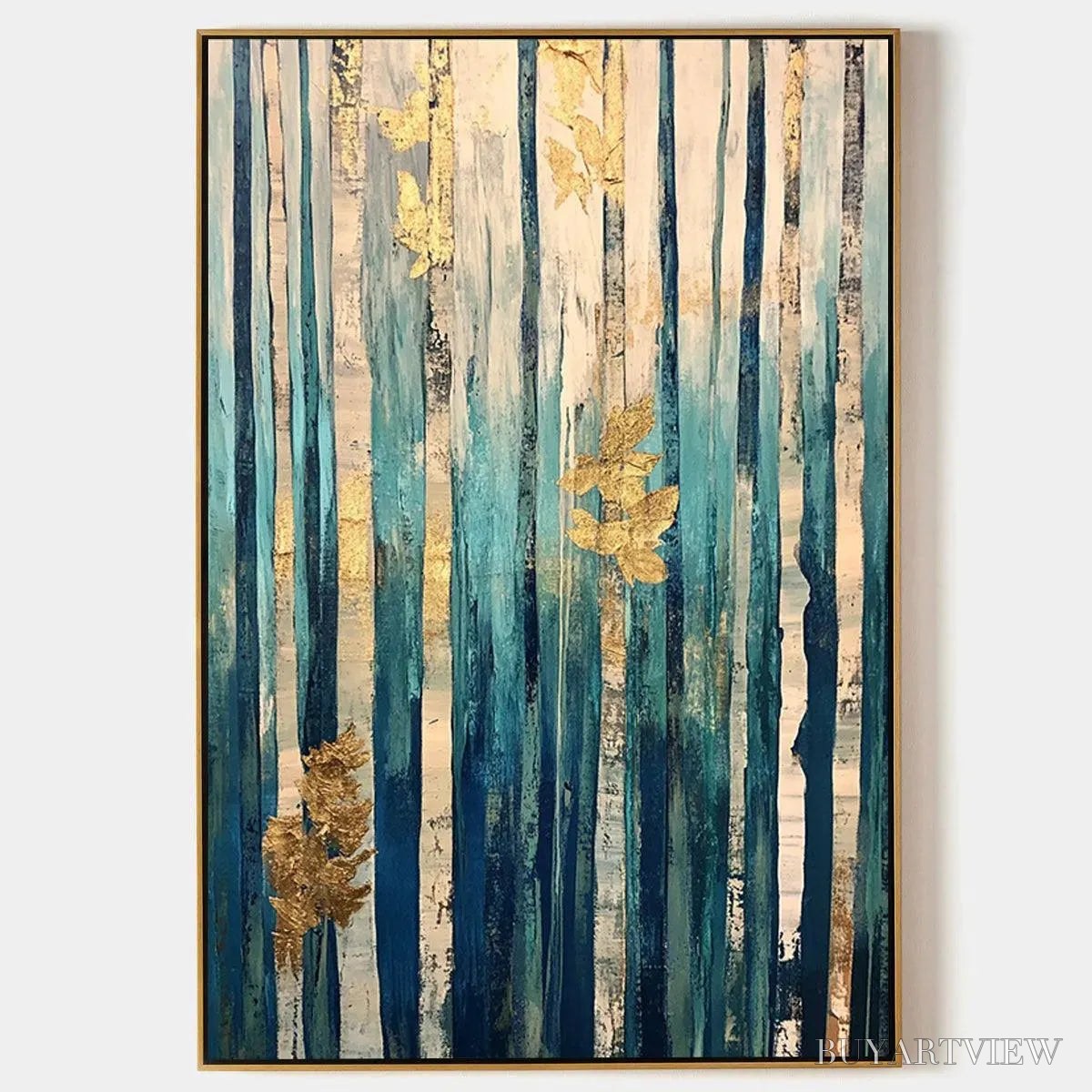 BUYARTVIEW Azure Forest – Vertical Abstract Forest Oil Painting with Gold Leaf - image 1