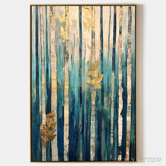 BUYARTVIEW Azure Forest – Vertical Abstract Forest Oil Painting with Gold Leaf - image 1