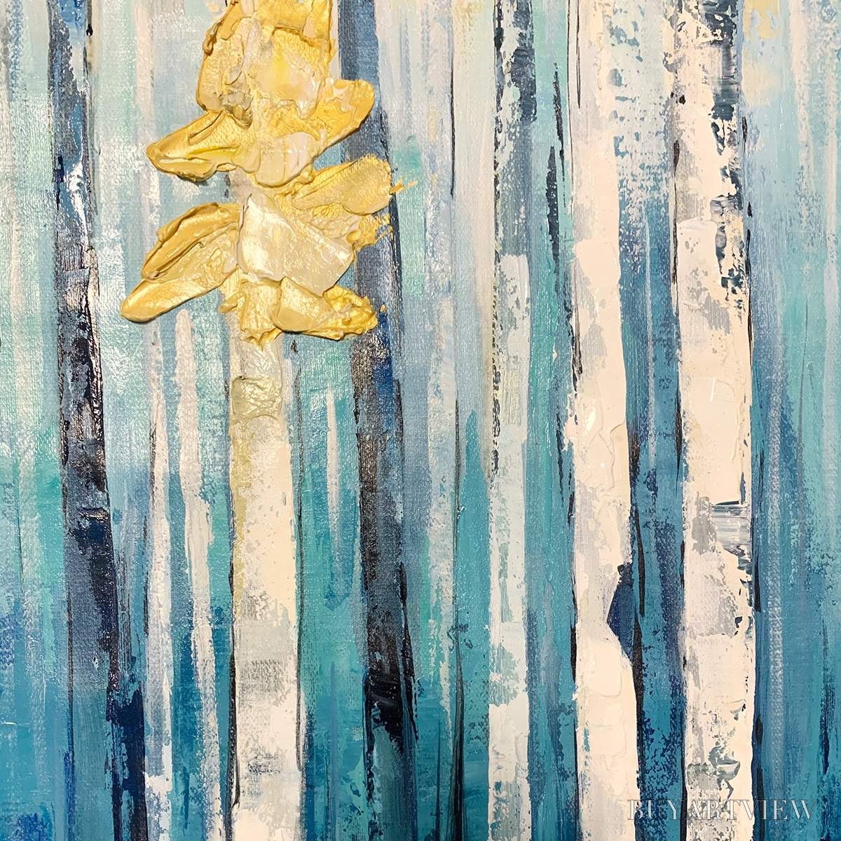 BUYARTVIEW Azure Forest – Vertical Abstract Forest Oil Painting with Gold Leaf - image 3
