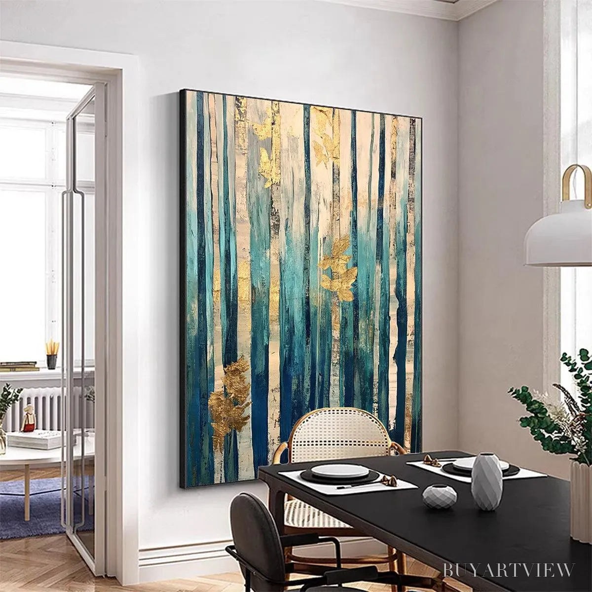 BUYARTVIEW Azure Forest – Vertical Abstract Forest Oil Painting with Gold Leaf - image 4