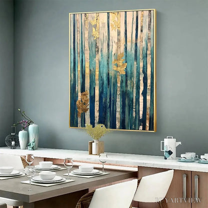 BUYARTVIEW Azure Forest – Vertical Abstract Forest Oil Painting with Gold Leaf - image 5