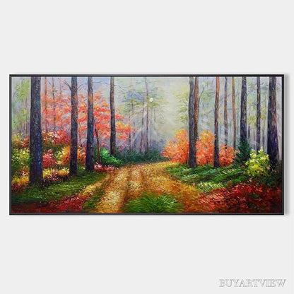 BUYARTVIEW Autumn Forest Path – Panoramic Forest Landscape Painting, Autumn Colors , Nature Decor, Canvas Artwork - image 1