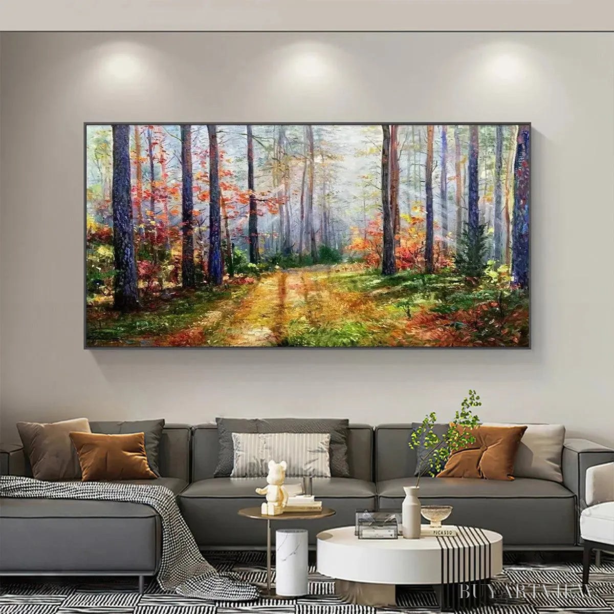BUYARTVIEW Autumn Forest Path – Panoramic Forest Landscape Painting, Autumn Colors , Nature Decor, Canvas Artwork - image 2