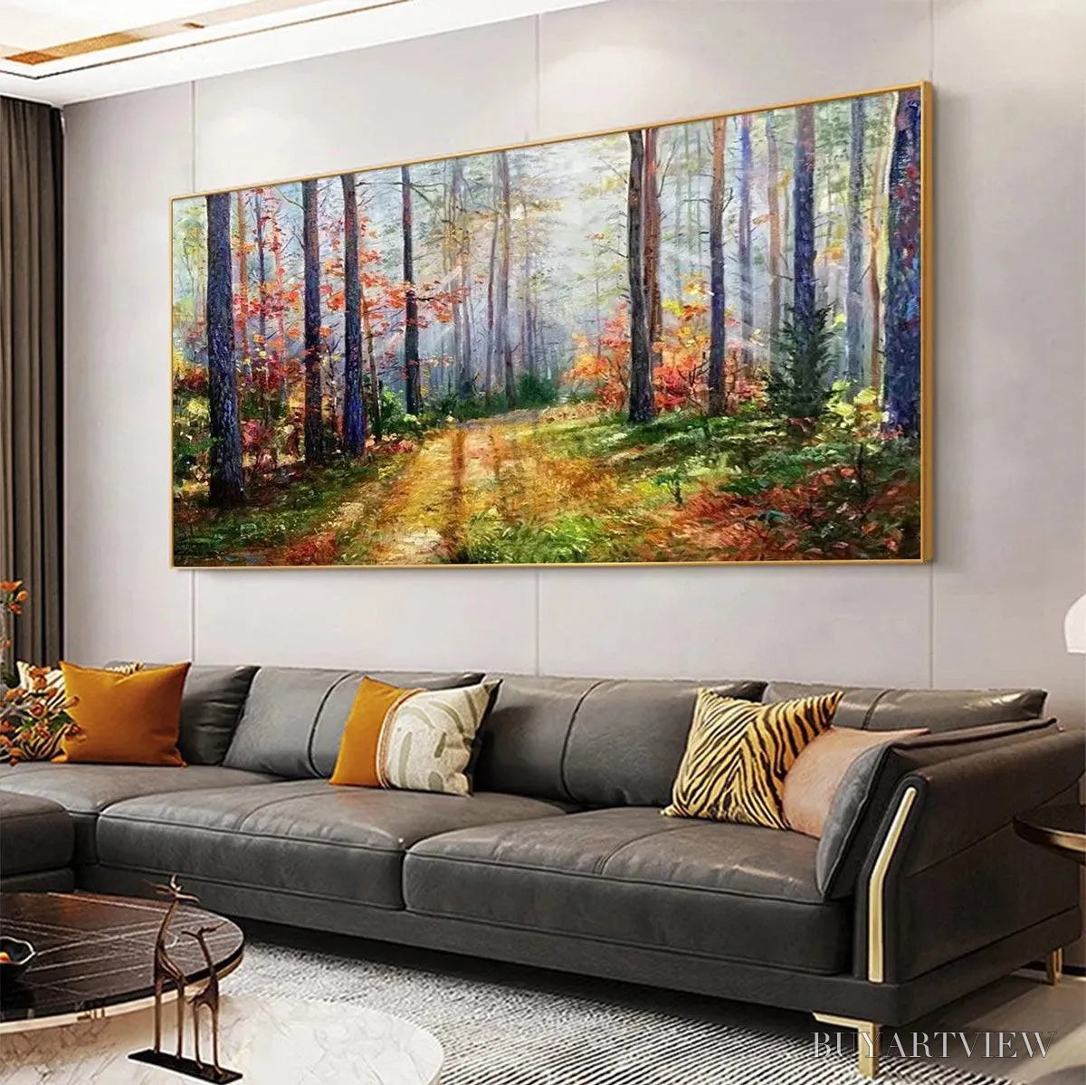 BUYARTVIEW Autumn Forest Path – Panoramic Forest Landscape Painting, Autumn Colors , Nature Decor, Canvas Artwork - image 4