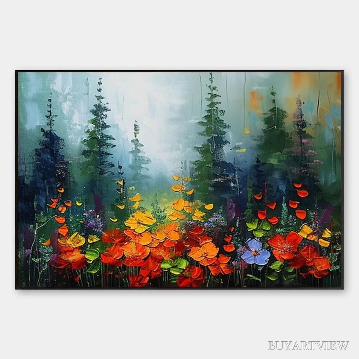 BUYARTVIEW Wild Flower Meadow – Textured Floral Landscape Painting, Impasto , Panoramic Canvas, Nature Decor - image 1