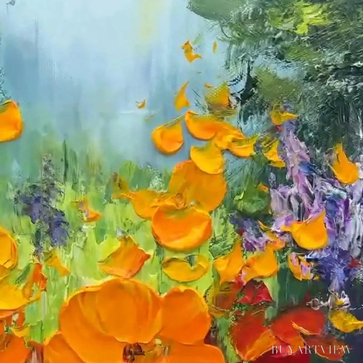 BUYARTVIEW Wild Flower Meadow – Textured Floral Landscape Painting, Impasto , Panoramic Canvas, Nature Decor - image 3