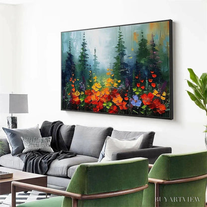 BUYARTVIEW Wild Flower Meadow – Textured Floral Landscape Painting, Impasto , Panoramic Canvas, Nature Decor - image 5