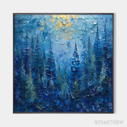BUYARTVIEW Blue Forest – Textured Forest Painting, Blue Landscape , Square Canvas, Impasto Decor - image 1