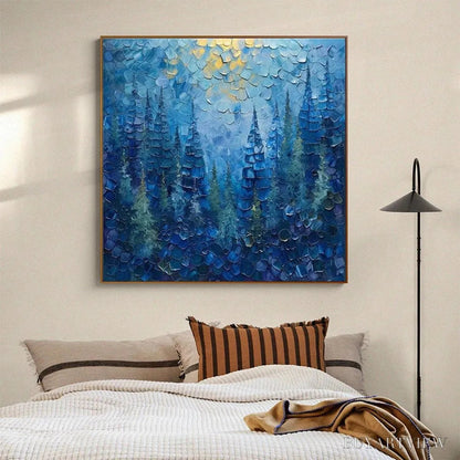 BUYARTVIEW Blue Forest – Textured Forest Painting, Blue Landscape , Square Canvas, Impasto Decor - image 2