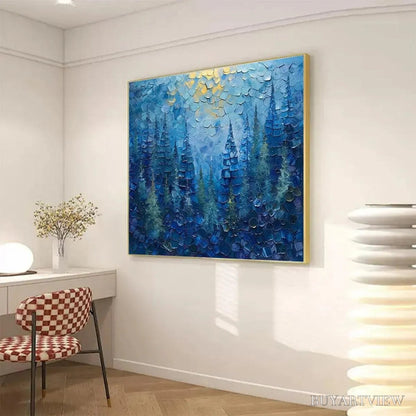 BUYARTVIEW Blue Forest – Textured Forest Painting, Blue Landscape , Square Canvas, Impasto Decor - image 4