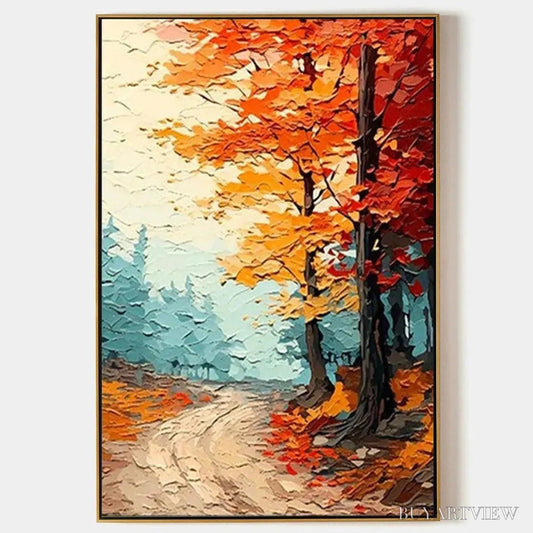 BUYARTVIEW Autumn Path – Textured Forest Path Painting, Orange and Blue , Vertical Canvas, Impasto Decor - image 1
