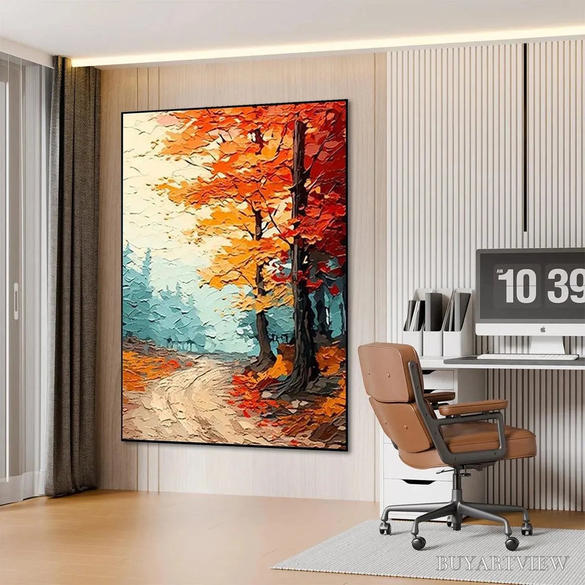 BUYARTVIEW Autumn Path – Textured Forest Path Painting, Orange and Blue , Vertical Canvas, Impasto Decor - image 4