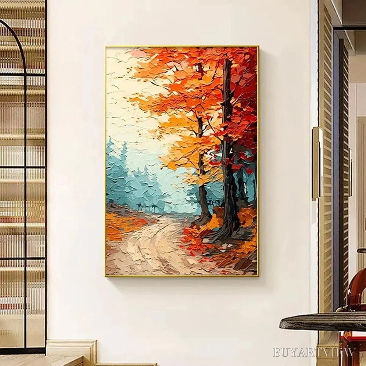 BUYARTVIEW Autumn Path – Textured Forest Path Painting, Orange and Blue , Vertical Canvas, Impasto Decor - image 6
