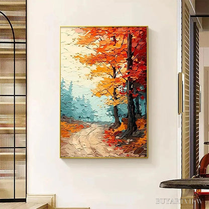 BUYARTVIEW Autumn Path – Textured Forest Path Painting, Orange and Blue , Vertical Canvas, Impasto Decor - image 6
